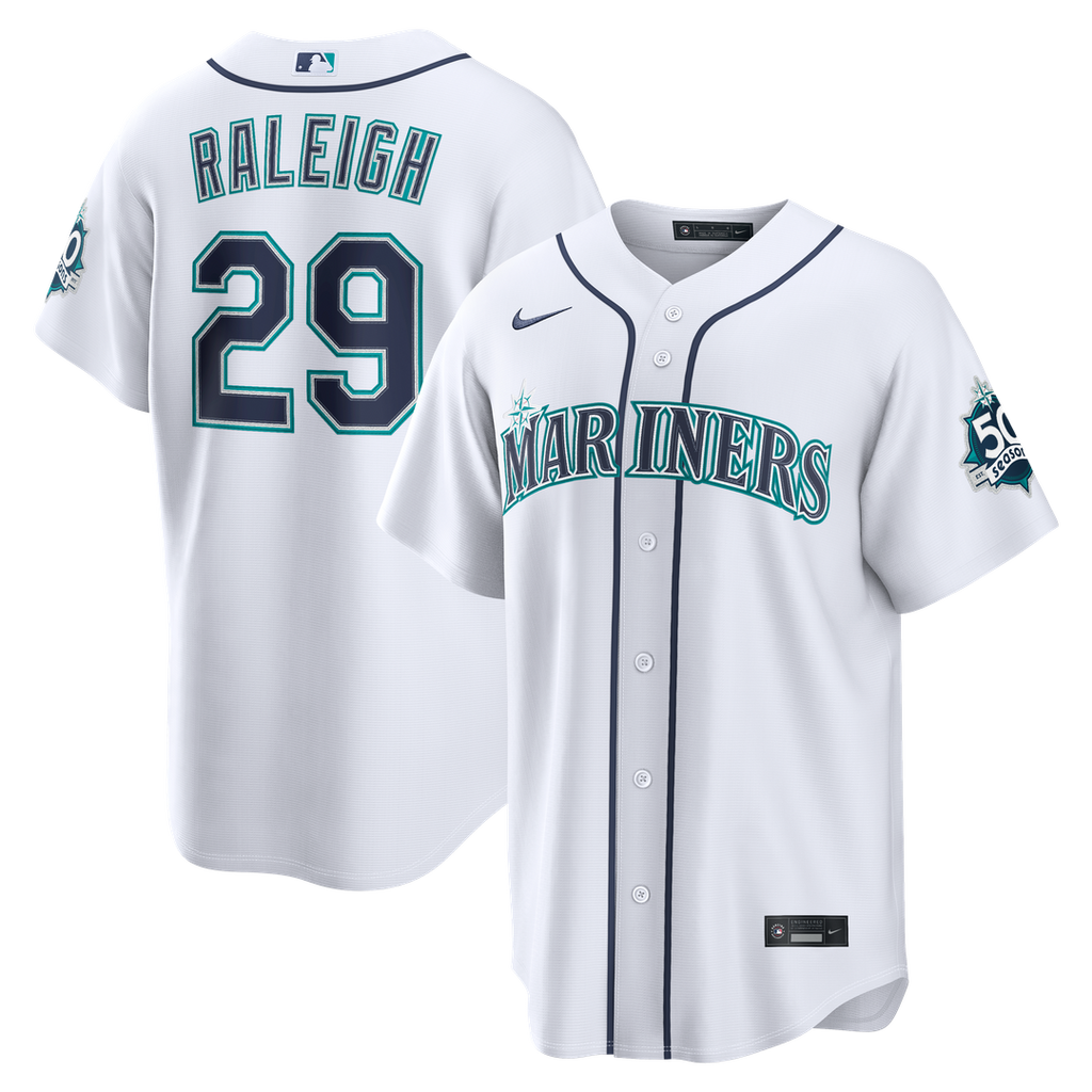 Seattle Mariners Cal Raleigh | Nike White Home Stadium 50th Season Patch Jersey