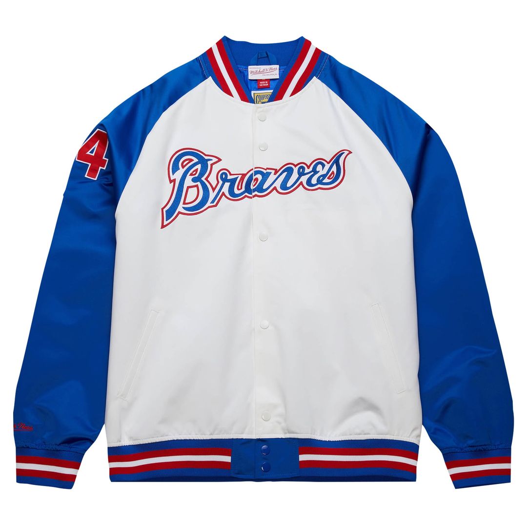 Atlanta Braves Hank Aaron | Mitchell & Ness White/Royal Cooperstown Collection Legends Lightweight Satin Raglan Full-Snap Jacket