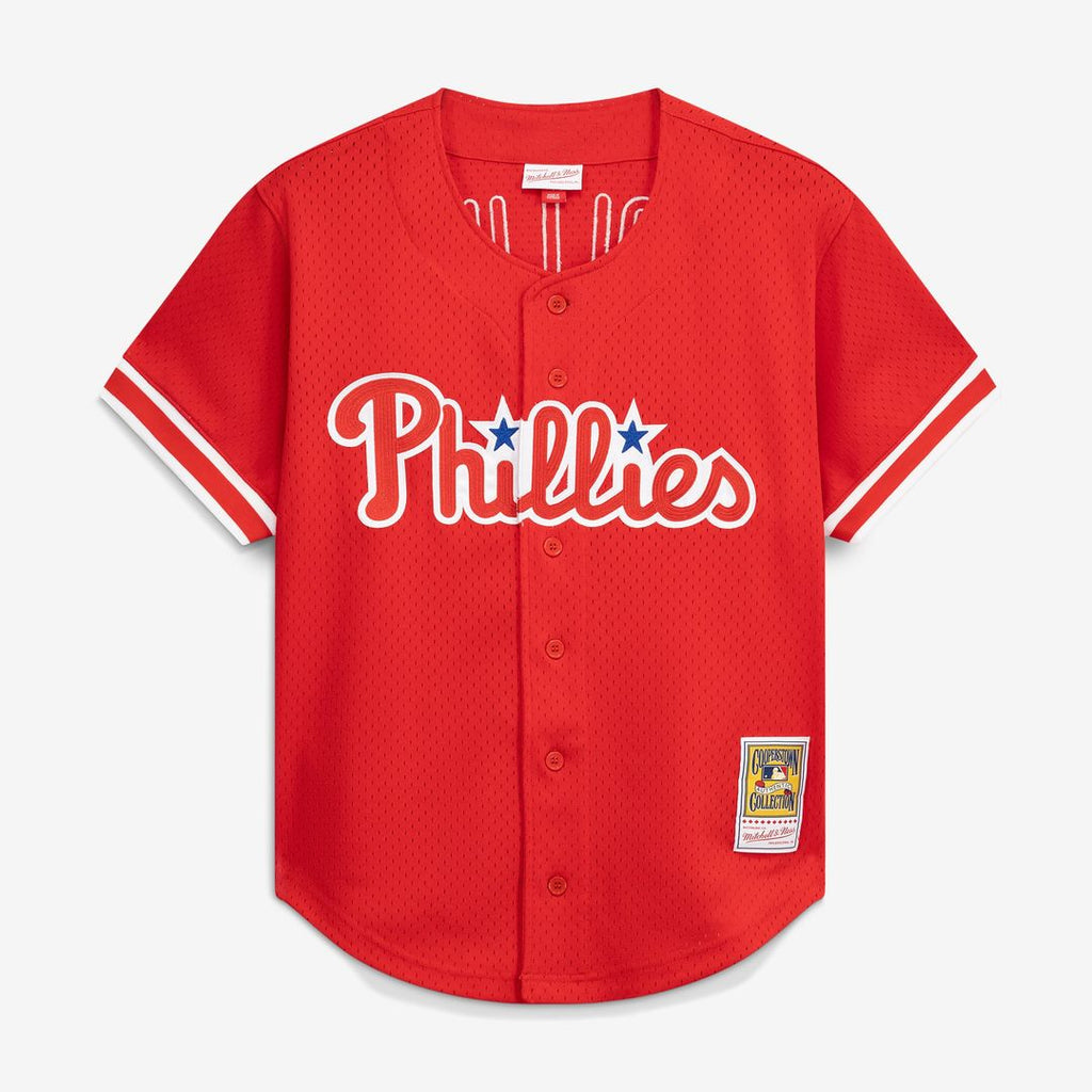 Philadelphia Phillies Jimmy Rollins | Mitchell & Ness Red Cooperstown Mesh Batting Practice Button-Up Jersey