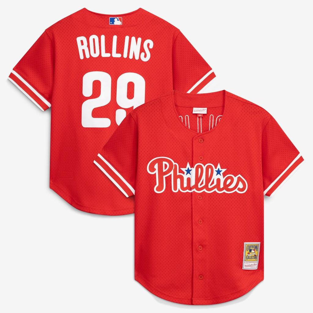 Philadelphia Phillies Jimmy Rollins | Mitchell & Ness Red Cooperstown Mesh Batting Practice Button-Up Jersey