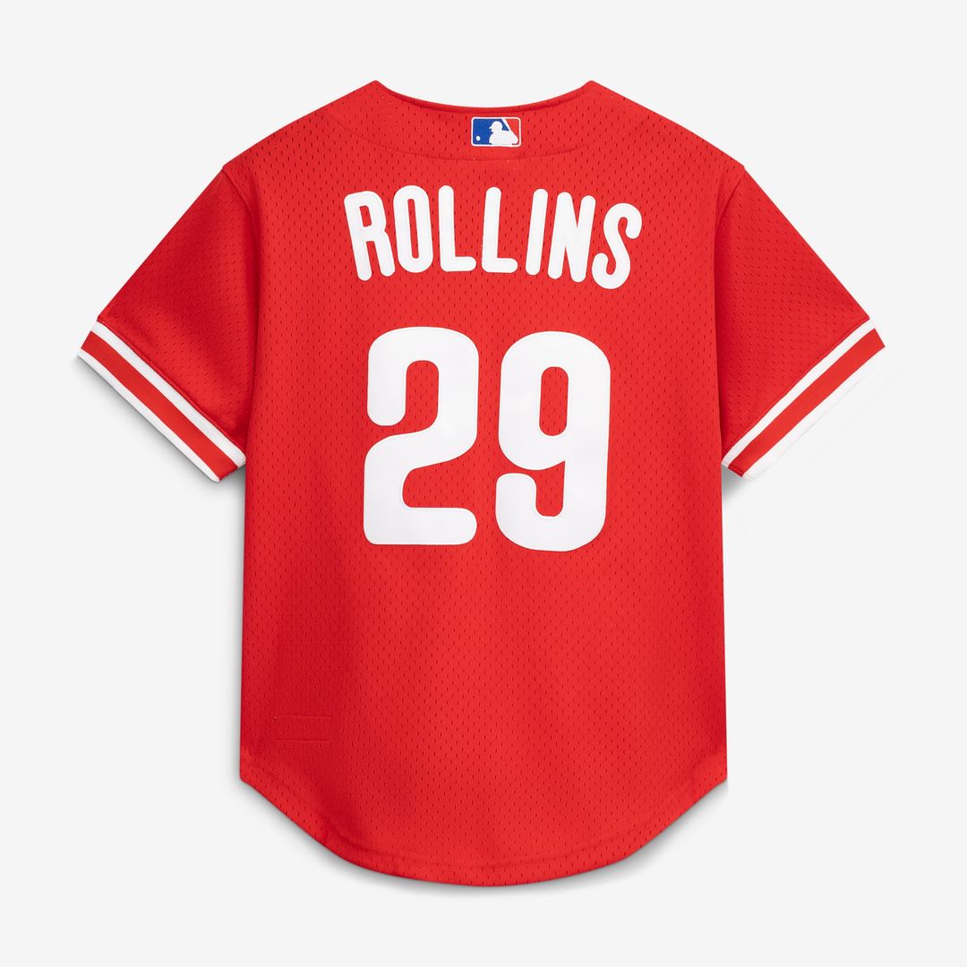 Philadelphia Phillies Jimmy Rollins | Mitchell & Ness Red Cooperstown Mesh Batting Practice Button-Up Jersey